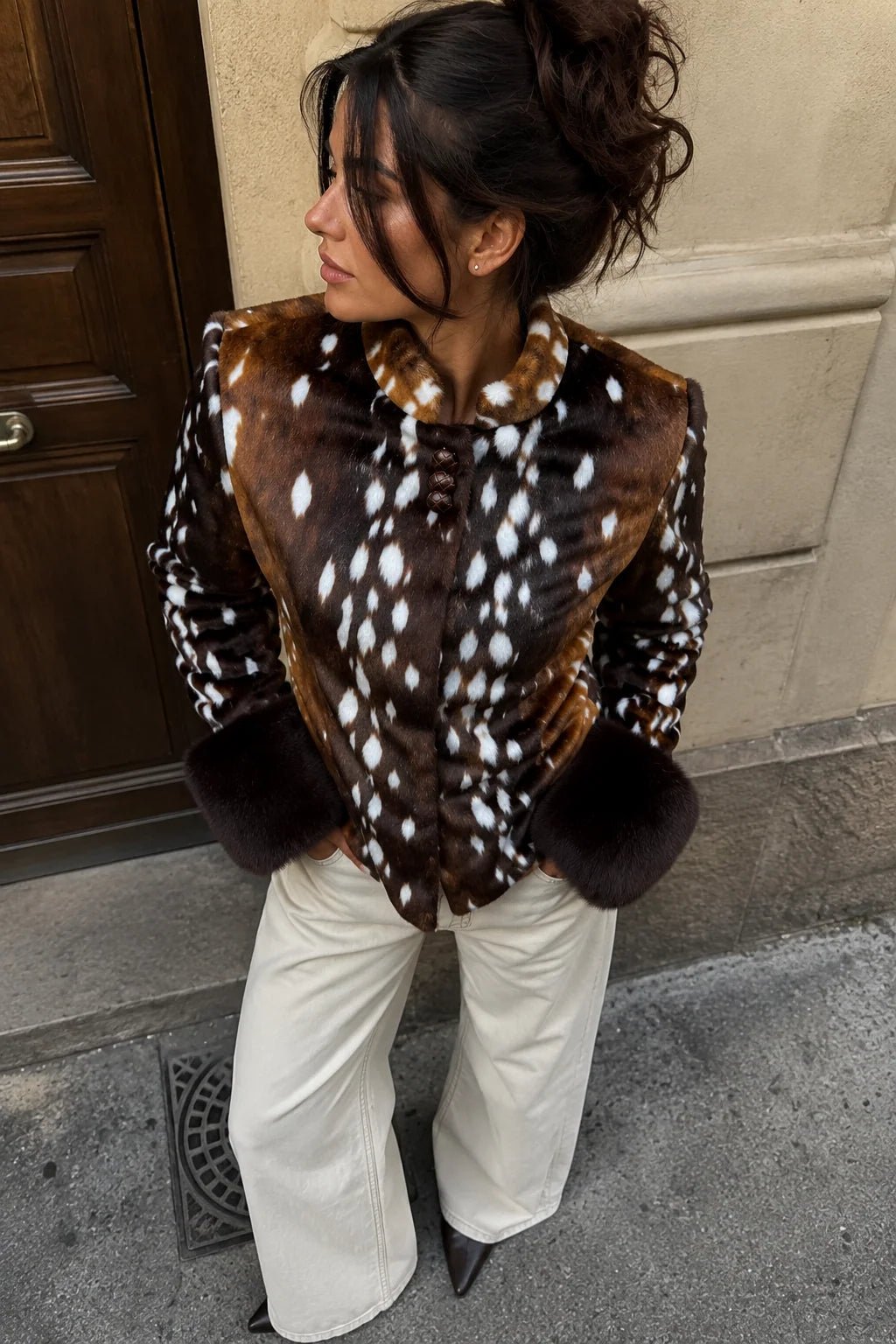 Vintage Dunkler Kontrastbündchen Kunstpelzjacke