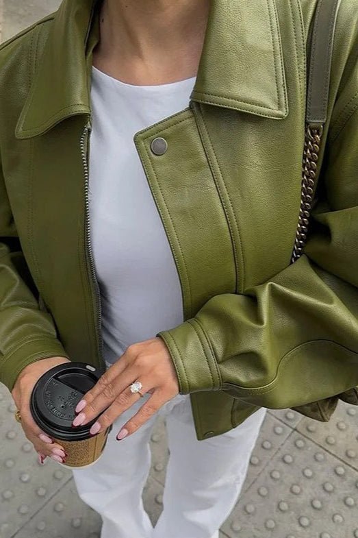 Grüne Kunstlederjacke im Vintage-Stil