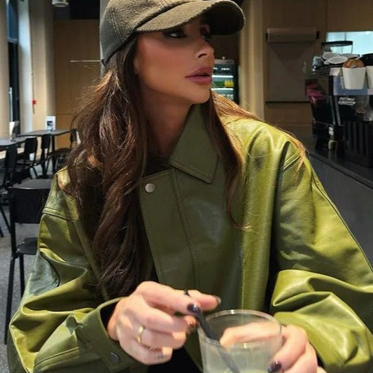OLANE Vintage Green Faux Leather Jacket GreenSWomen's Coats & Jackets