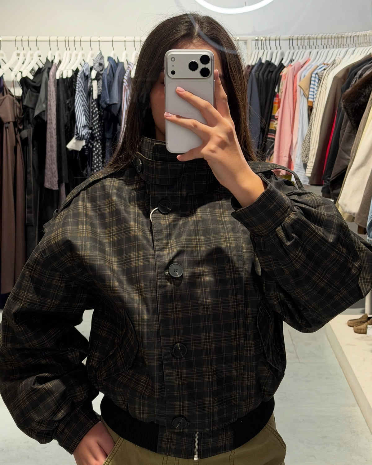 OLANE Vintage Plaid Stand Collar Bomber Jacket MJacket