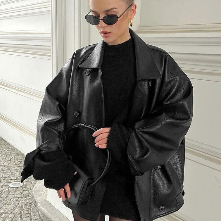 OLANE Vintage Relaxed Faux Leather Coat BlackSWomen's Coats & Jackets