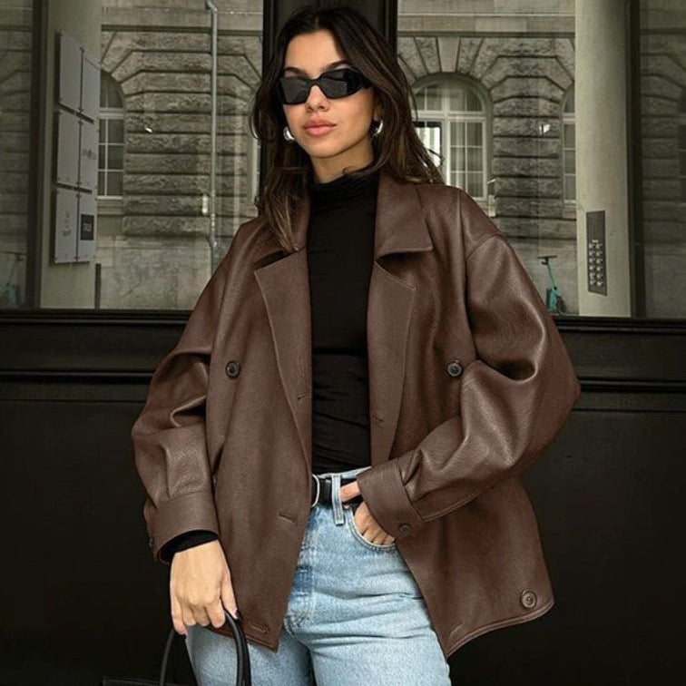 OLANE Vintage Relaxed Faux Leather Coat BrownSWomen's Coats & Jackets