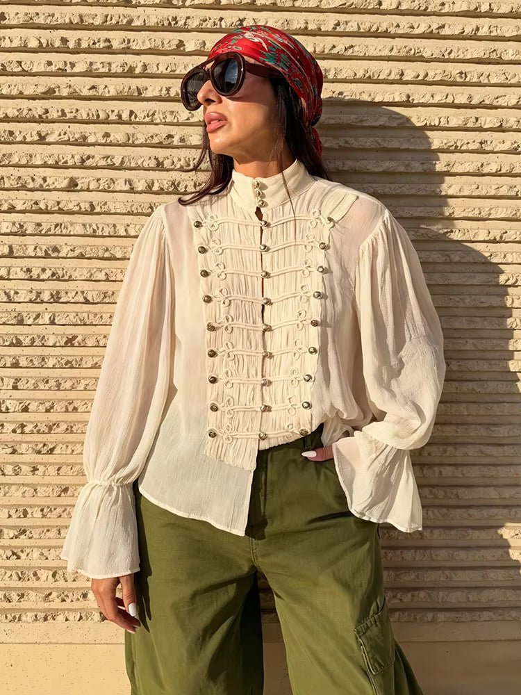 OLANE Vintage Stand Collar Frog Button Blouse BeigeSBlouse