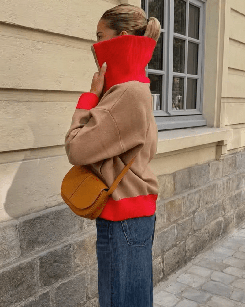 Breite Strickjacke mit Rippkragen im Colorblock-Design