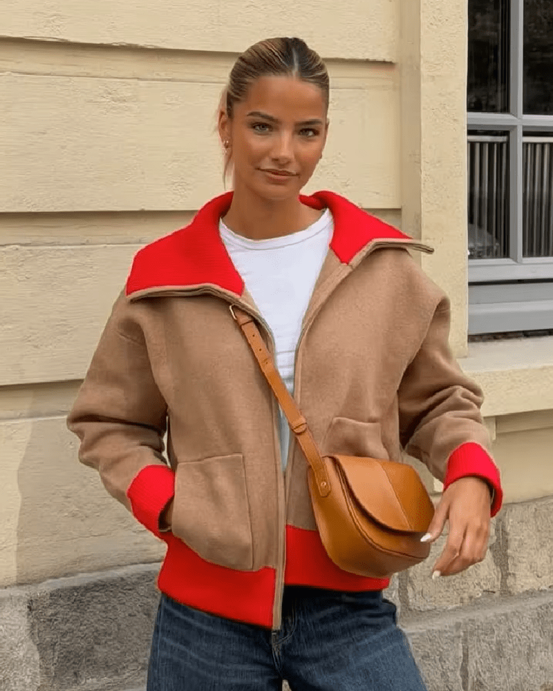 Breite Strickjacke mit Rippkragen im Colorblock-Design