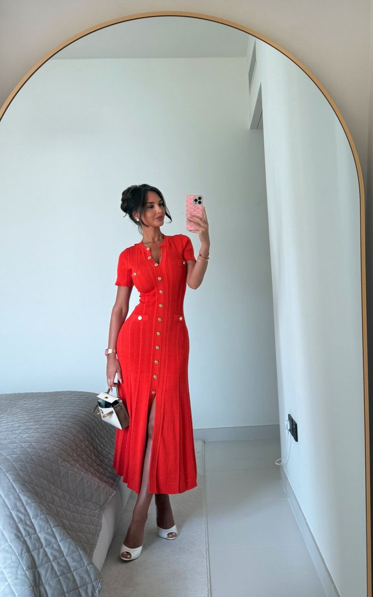 OLANE Wren Ribbed Knit Midi Dress RedXSWomen's Dresses