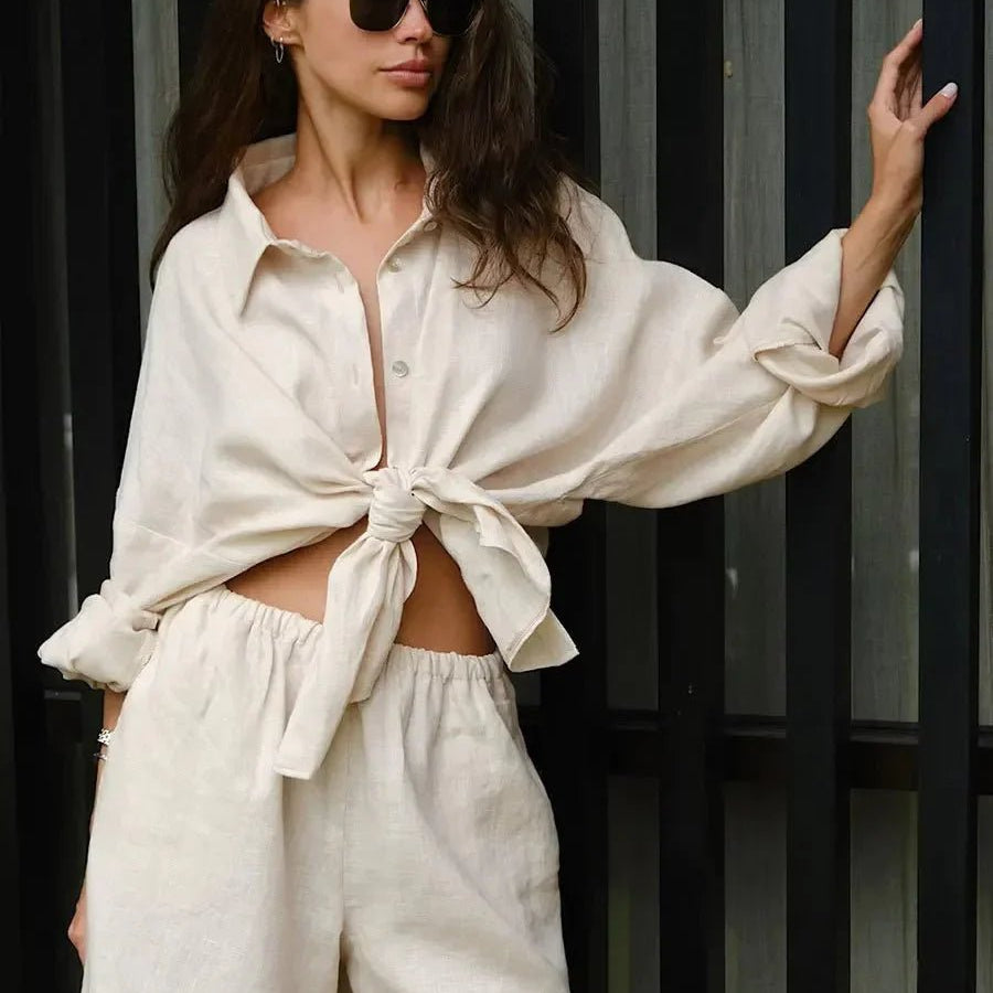 OLANE Yui Lapel Lantern Sleeve Shorts Set CreamSShorts
