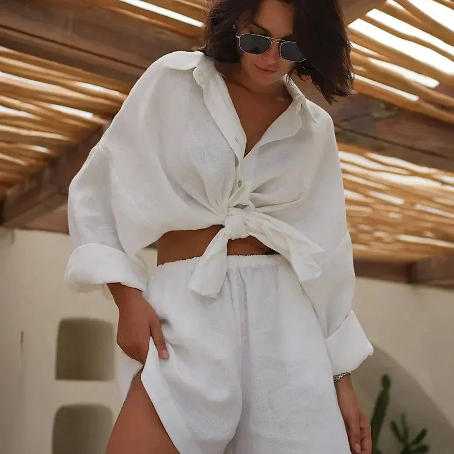 OLANE Yui Lapel Lantern Sleeve Shorts Set CreamSShorts