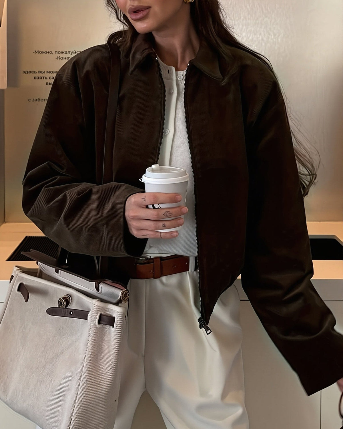 OLANE Zip Up Corduroy Bomber Jacket Coffee BrownLJacket