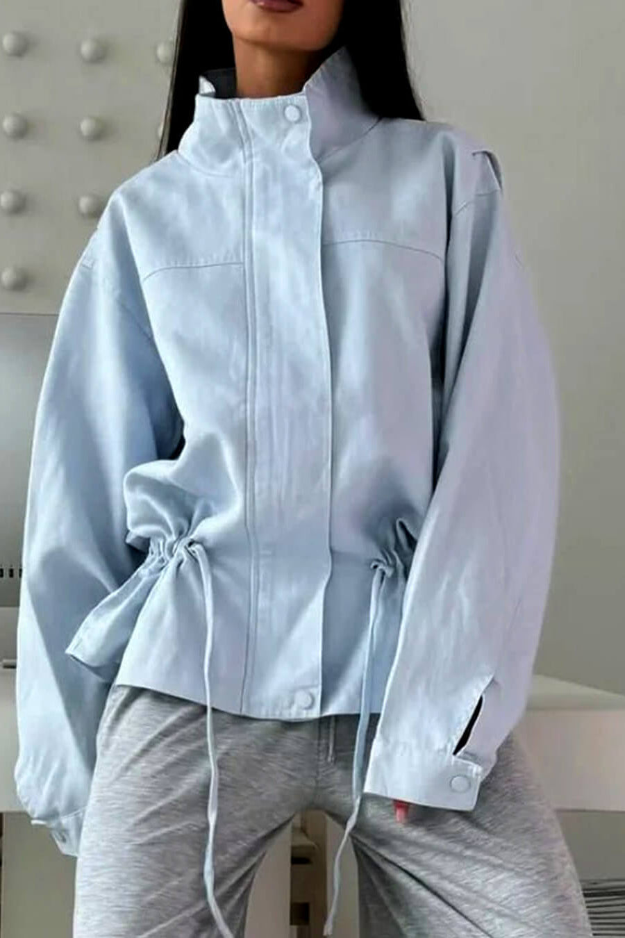 Stehkragenjacke mit Reißverschluss und Kordelzug