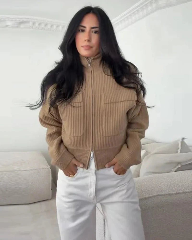 OLANE Zip-Up High Neck Ribbed Knit Cardigan BrownSCardigan