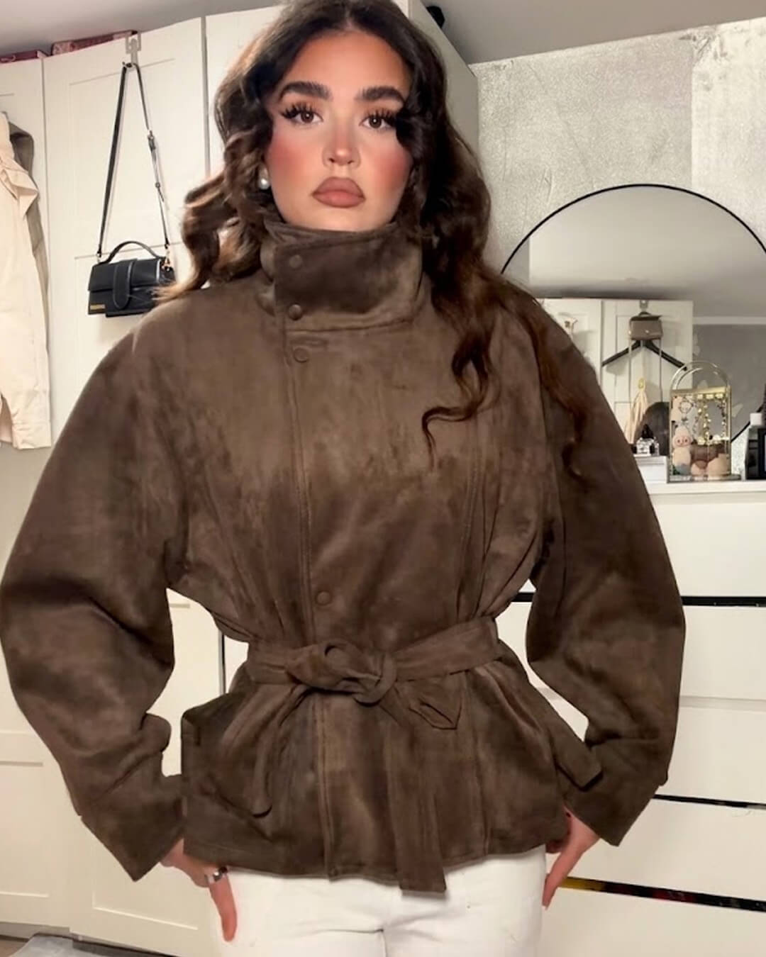 Elegant Belted Lace-Up Suede Jacket
