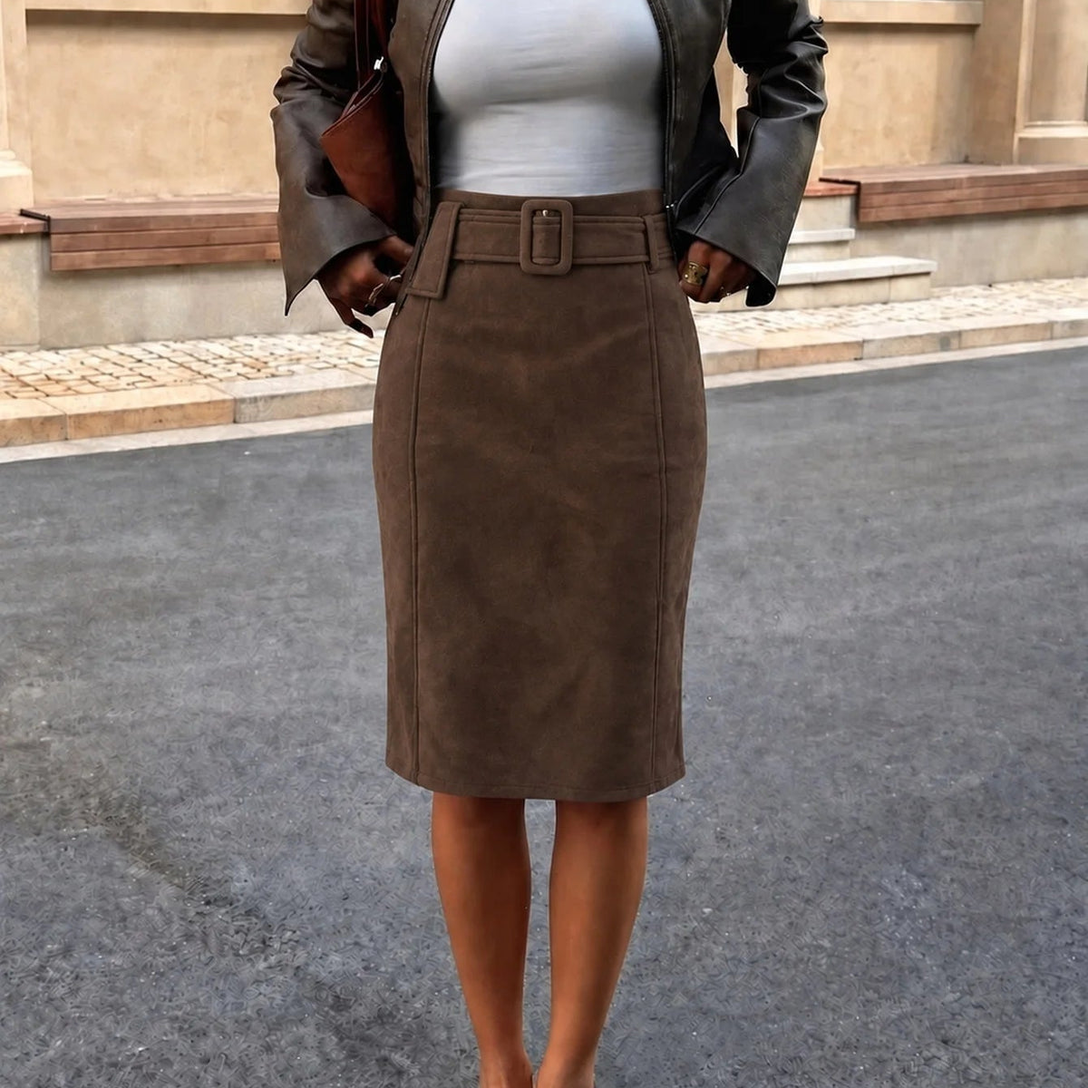Belted Faux Suede Midi Skirt