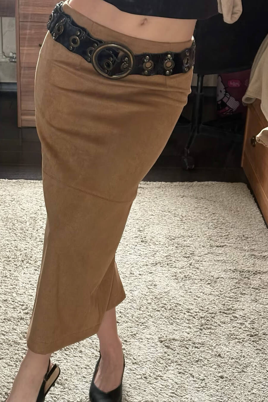 High-Waist Pencil Faux Suede Midi Skirt