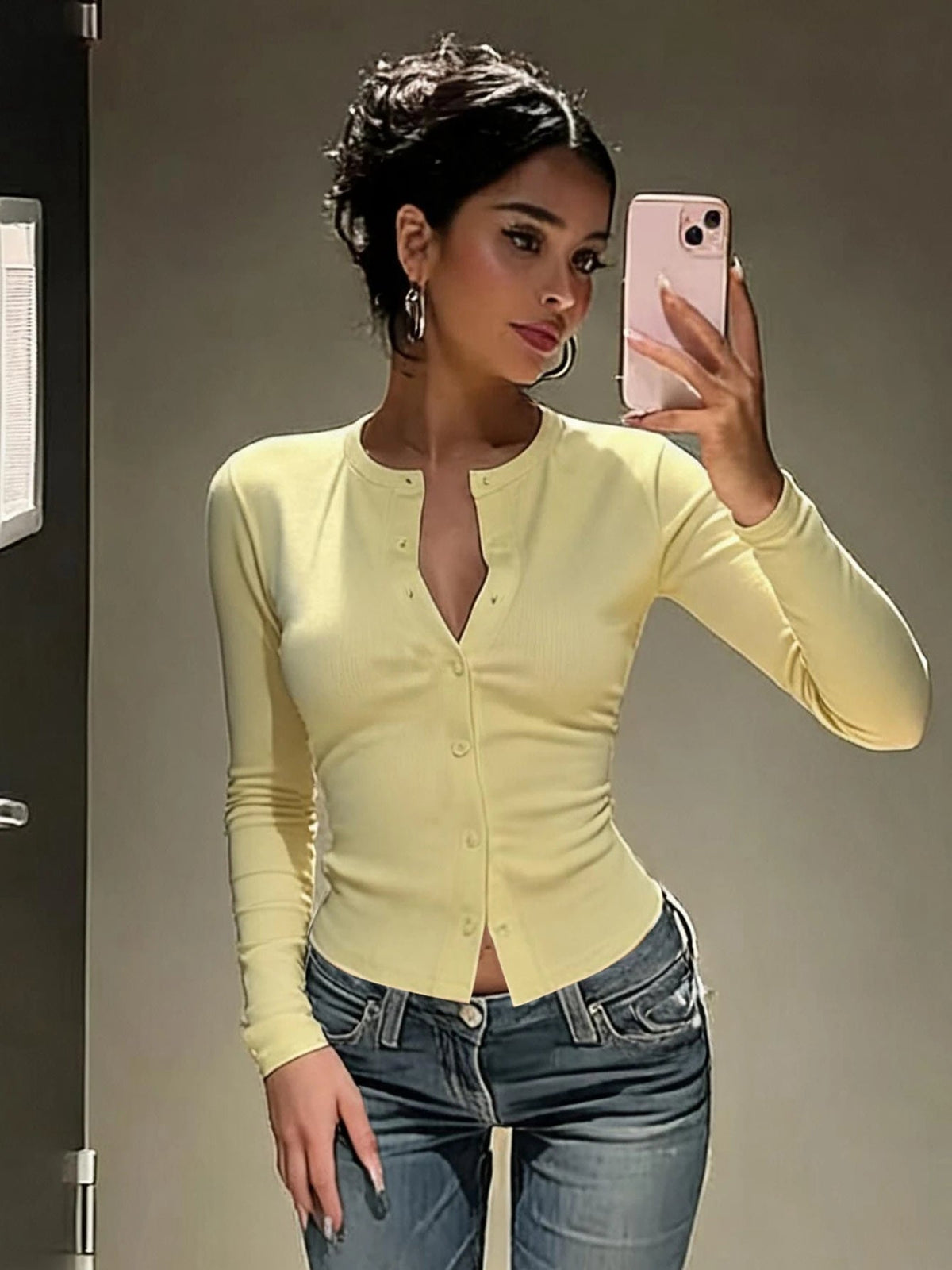 Long Sleeve Button Front Ribbed Knit Top