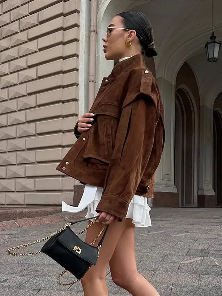 Structured Wide Shoulder Faux Suede Jacket