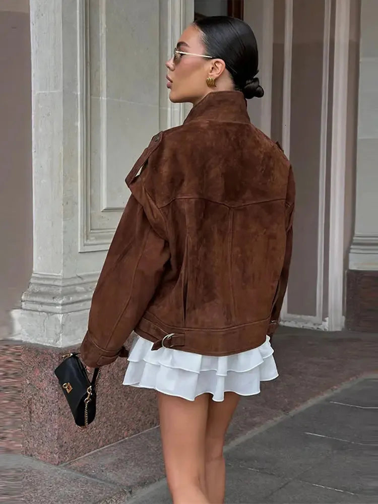 Structured Wide Shoulder Faux Suede Jacket