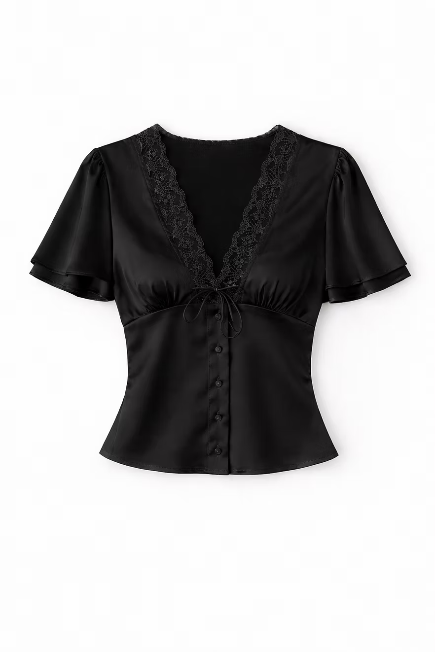 Blusa in raso con pizzo e bottoni a maniche corte