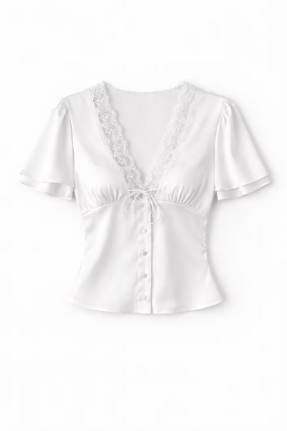 Blusa in raso con pizzo e bottoni a maniche corte