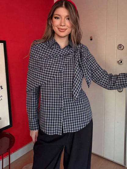 Classic Long Sleeve Plaid Scarf-Tie Shirt