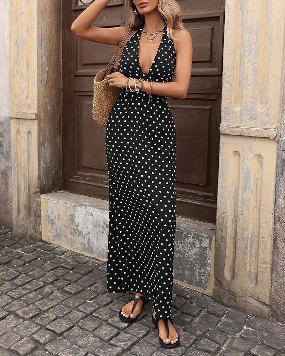 OLANE Adora Polka Dot Halter Midi Dress BlackXSWomen’s Dresses