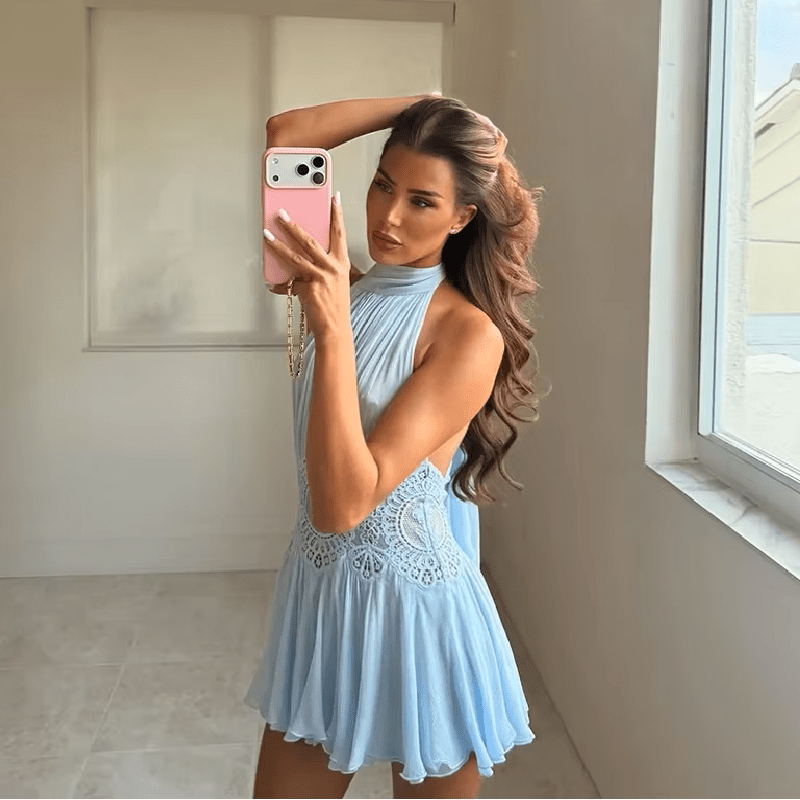 OLANE Mary Halter Neck Lace Waist Mini Dress MWomen's Dresses
