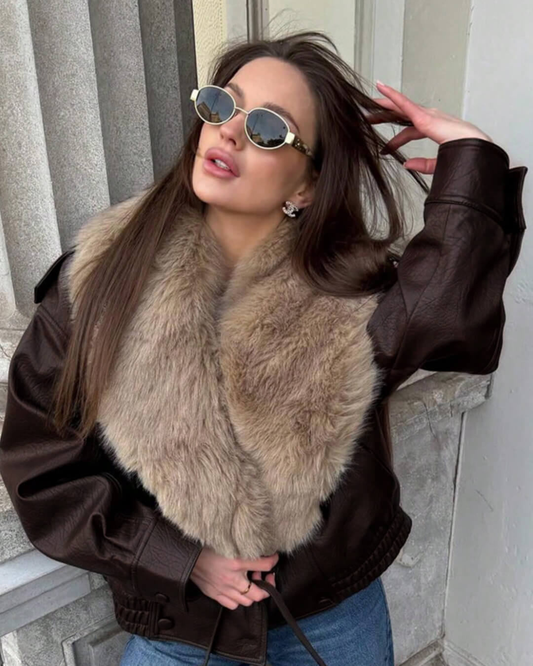 OLANE Alice Faux Leather Jacket Fur Collar BrownSWomen's Coats & Jackets