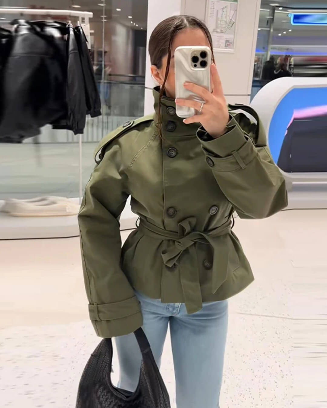 OLANE Alicia Waist-Cinching Belted Trench Coat OliveXSWomen's Coats & Jackets