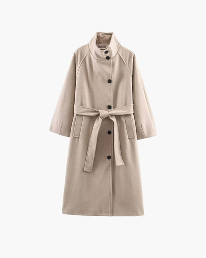OLANE Angela Long Belted High Collar Coat BeigeSWomen's Coats & Jackets