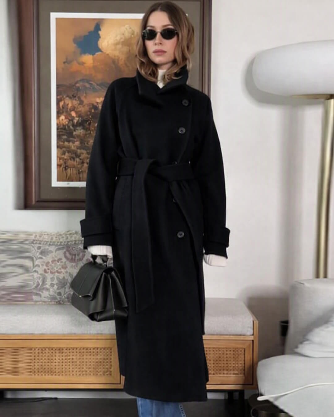 OLANE Angela Long Belted High Collar Coat BlackMWomen's Coats & Jackets