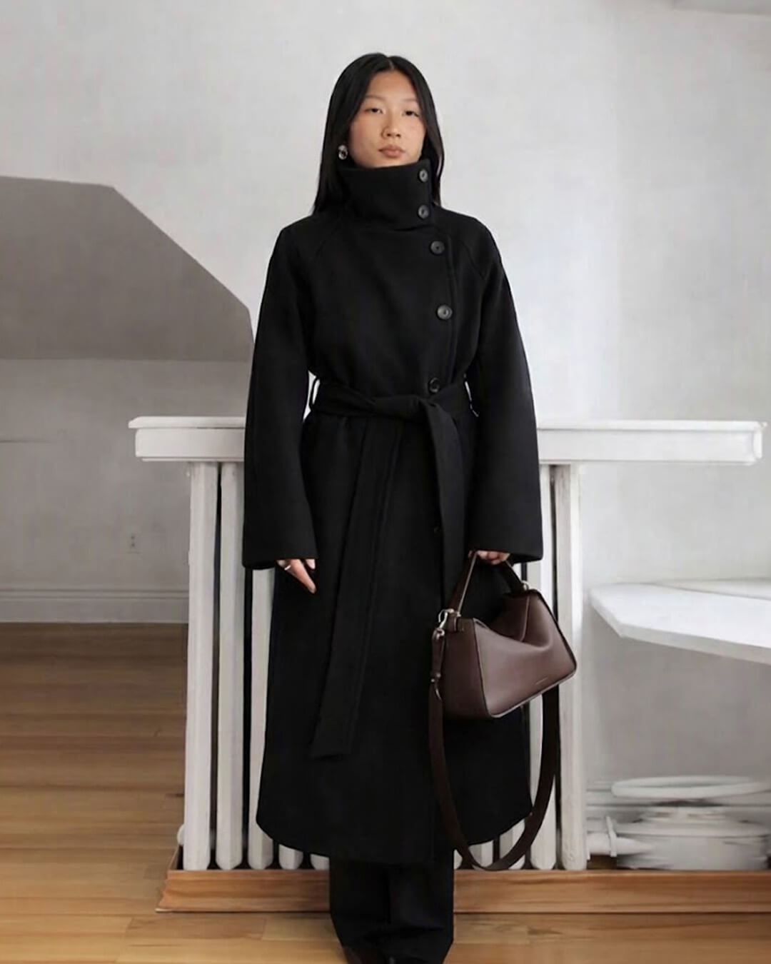 OLANE Angela Long Belted High Collar Coat BlackSWomen's Coats & Jackets
