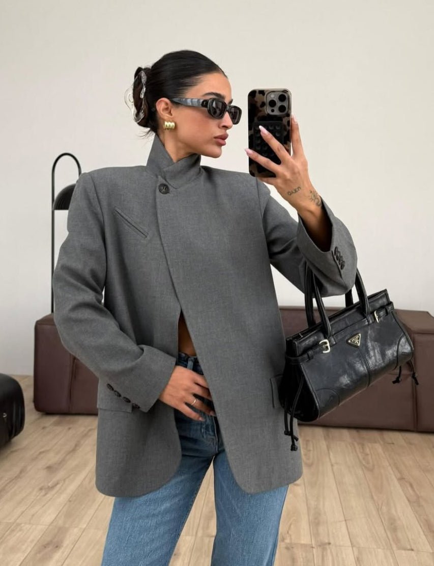 OLANE Asymmetric High Neck Blazer Coat GreyXSBlazer