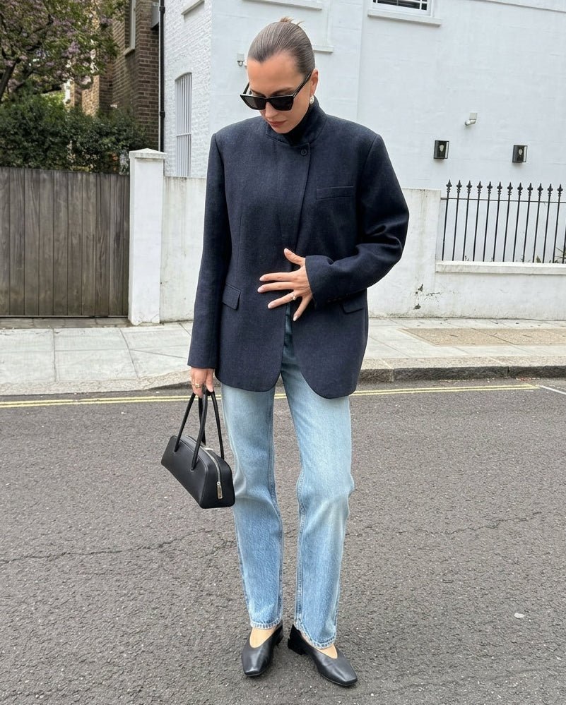 OLANE Asymmetric High Neck Blazer Coat Navy BlueXSBlazer