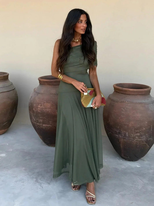 OLANE Asymmetric Off-Shoulder Ruched Maxi Dress SageSWomen’s Dresses