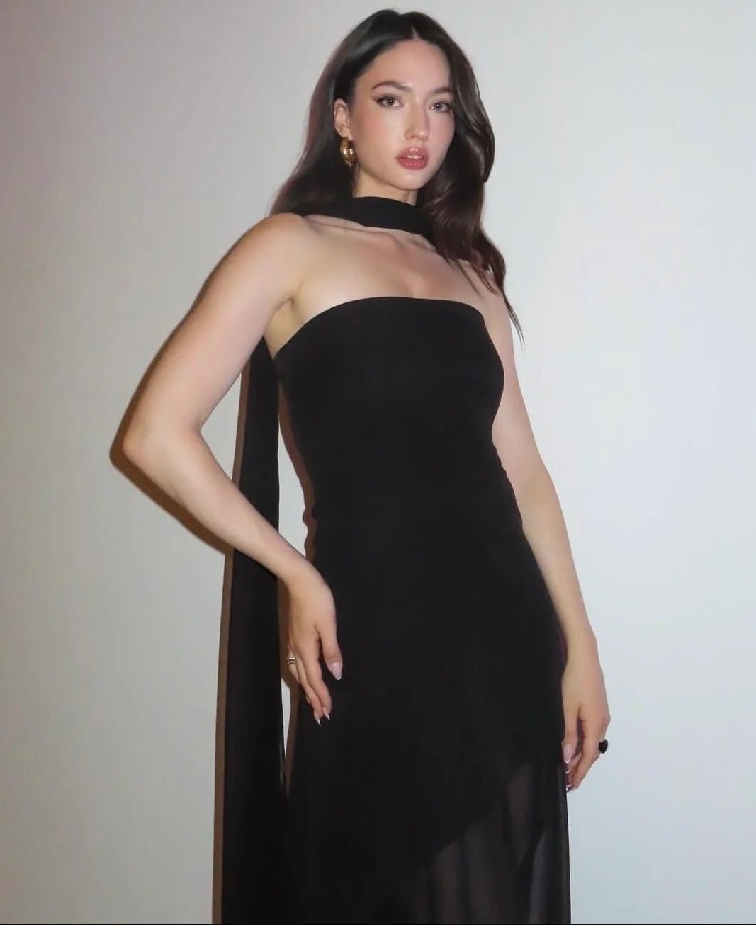 OLANE Asymmetric Sheer Maxi Dress with Scarf BlackMWomen's Dresses