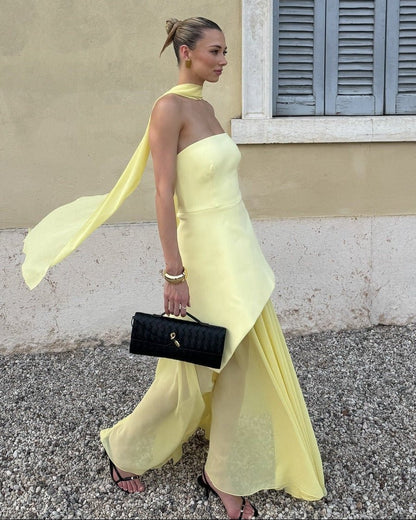OLANE Asymmetric Sheer Maxi Dress with Scarf Butter YellowMWomen's Dresses