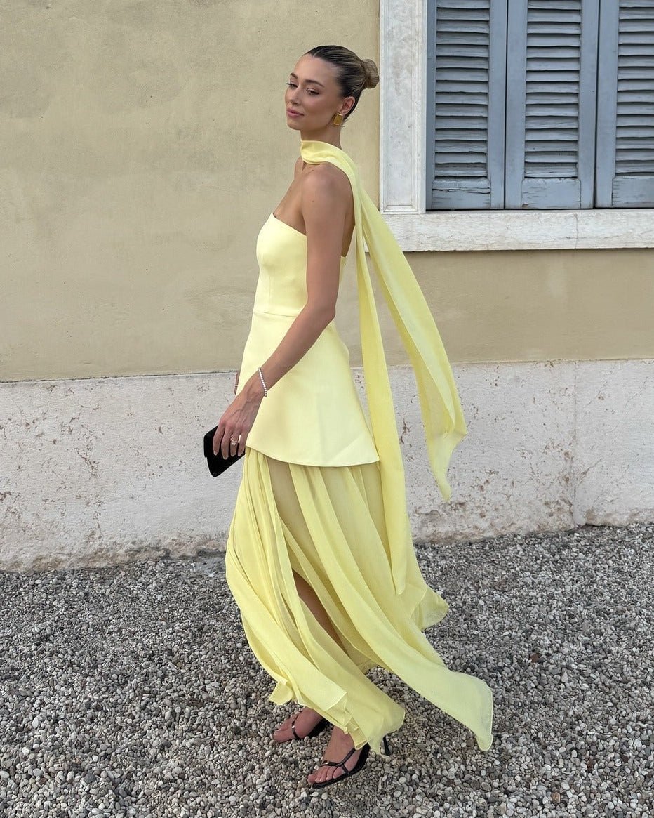 OLANE Asymmetric Sheer Maxi Dress with Scarf Butter YellowMWomen's Dresses