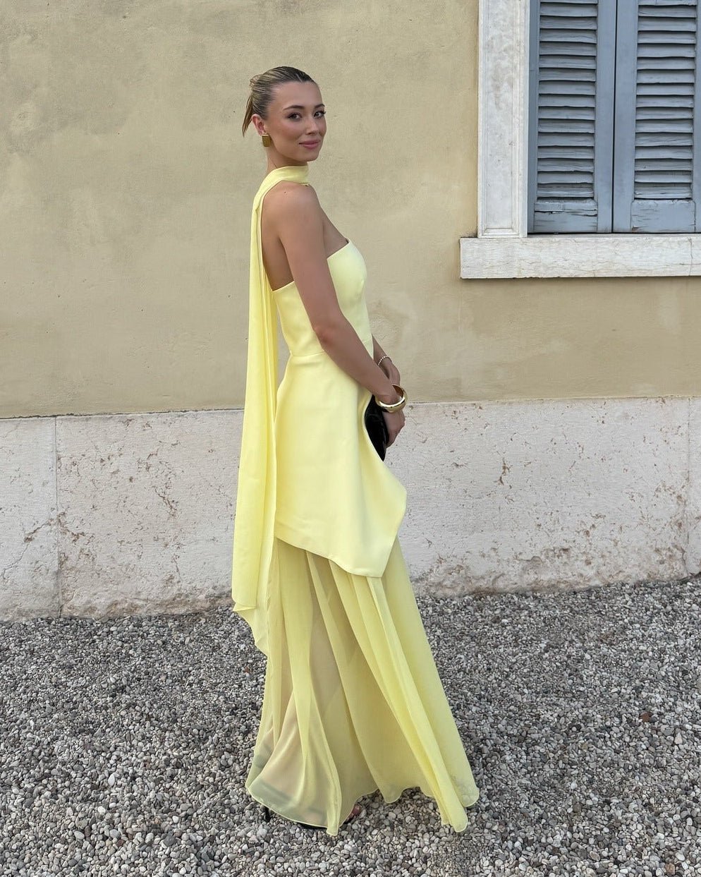 OLANE Asymmetric Sheer Maxi Dress with Scarf Butter YellowMWomen's Dresses