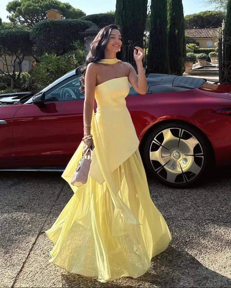 OLANE Asymmetric Sheer Maxi Dress with Scarf Butter YellowSWomen's Dresses