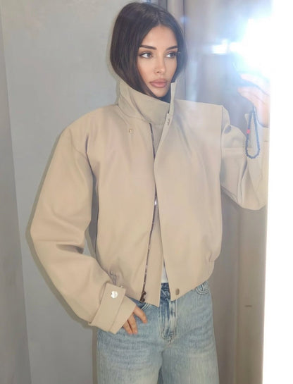 OLANE Asymmetrical Zip High Neck Jacket BeigeMWomen's Coats & Jackets