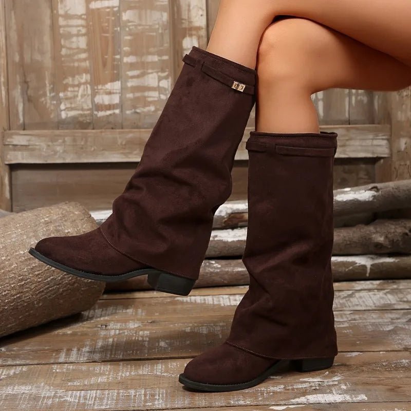 OLANE Belt Buckle Knee High Faux Suede Boots Beige36Shoes