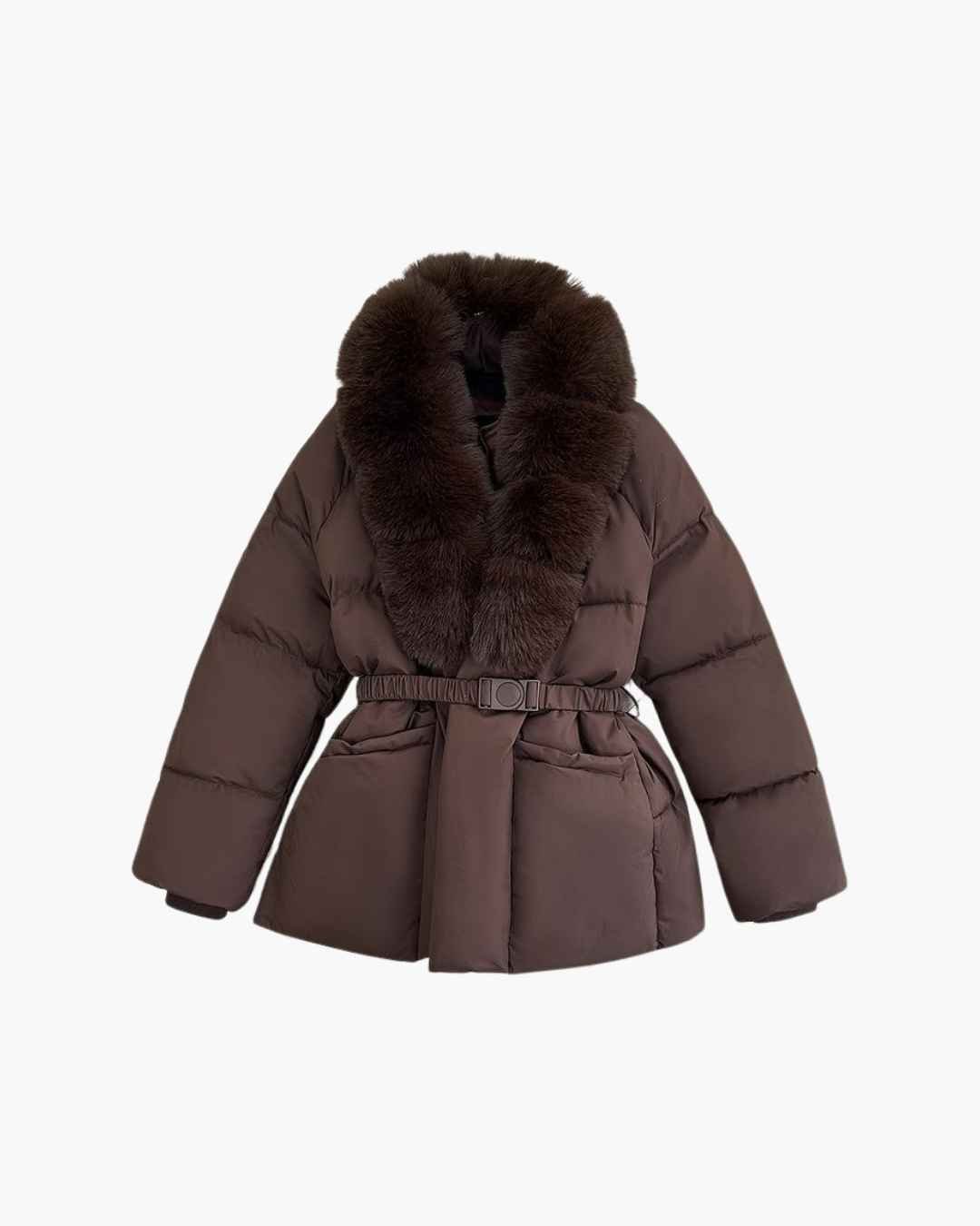 OLANE Belted Faux Fur Collar Quilted Parka BrownSCoat