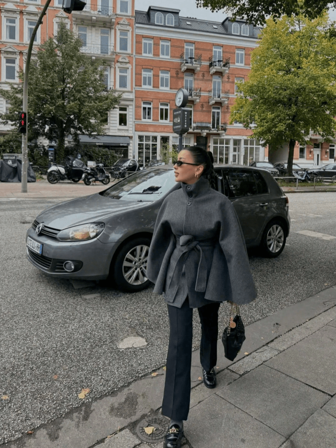 OLANE Belted High Neck Cape Jacket GreySJacket