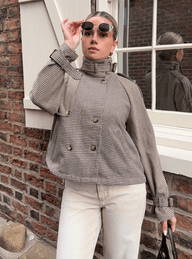 Belted Plaid Funnel Neck Coat