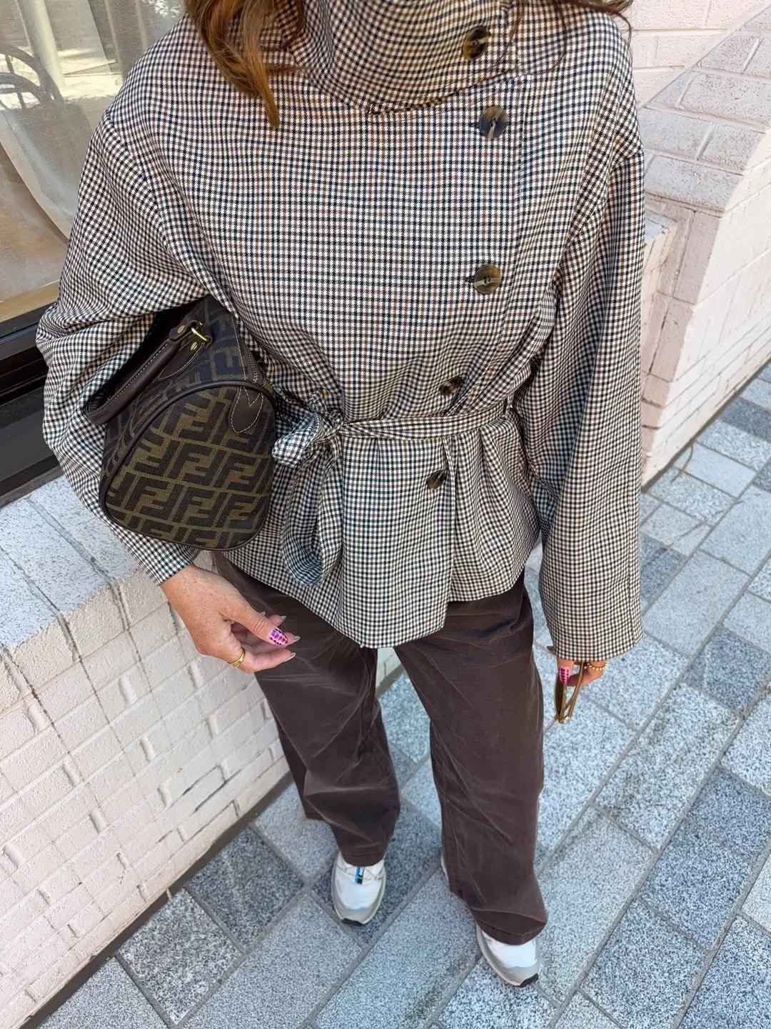 OLANE Belted Plaid Funnel Neck Coat CheckSWomen's Coats & Jackets