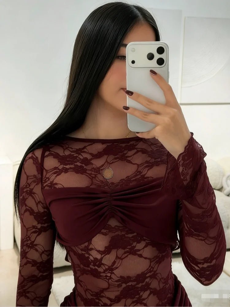 OLANE Bodycon Backless Lace Mini Dress BurgundySWomen’s Dresses