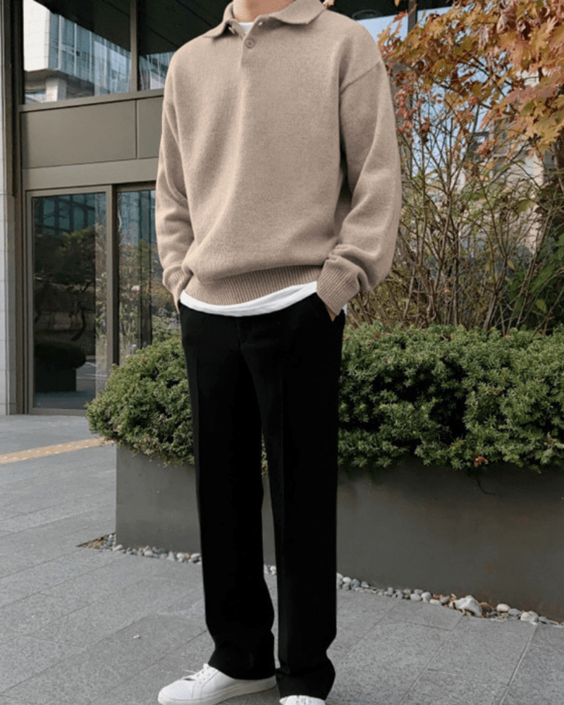 Olane Brand Men's Polo Sweater - Soft Fine Knit Long Sleeve Sweater for Autumn & Winter BeigeSMen's Sweaters