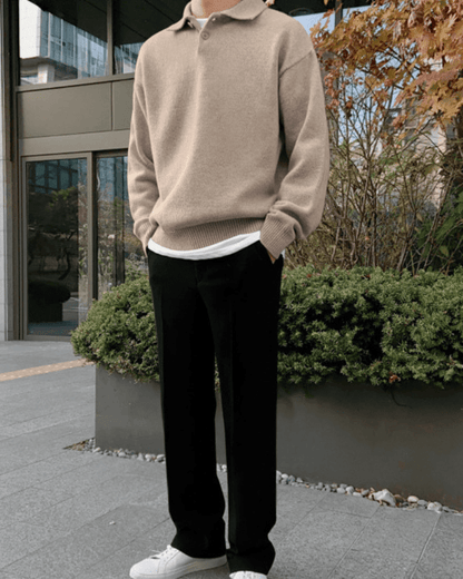 Olane Brand Men's Polo Sweater - Soft Fine Knit Long Sleeve Sweater for Autumn & Winter BeigeSMen's Sweaters