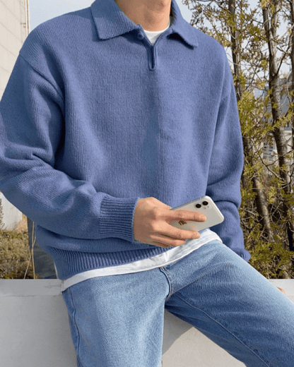 Olane Brand Men's Polo Sweater - Soft Fine Knit Long Sleeve Sweater for Autumn & Winter BlueSMen's Sweaters