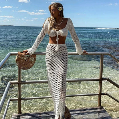 OLANE Breathable Crochet Cover Up Skirt Set MWomen's Sets